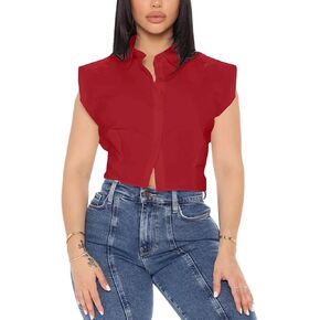 Rooscier Women's Collar V Neck Cap Sleeve Button Down Slim Fit Crop Top Shirt Blouse
