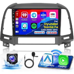 2+64G Android 13 CarPlay Car Stereo Radio for Hyundai Santa Fe 2006-2012 (LHD), 9'' HD Touch Screen Compatible with Android Auto, AHD Backup Camera, Mirror Link, GPS, WiFi, FM RDS
