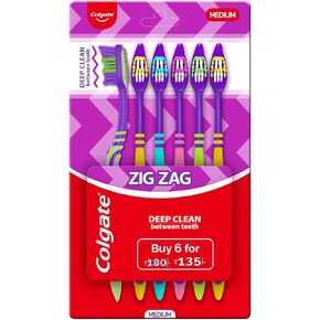 Colgate ZigZag Toothbrush for Deep Inter dental Clean with multi angle zig zag bristles (Medium, Pack of 6)