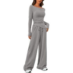 PRETTYGARDEN Women's 2 Piece Lounge Sets Asymmetrical Long Sleeve T Shirt Wide Leg Pants Casual Outfits Tracksuit