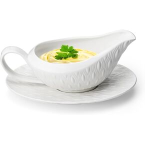 Porcelain Gravy Boat,16oz Gravy Bowl Garvy Boat with Saucer for Broth Salad Dressings Cream Milk Black Pepper (White)