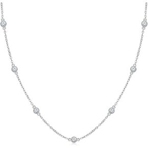EAMTI 925 Sterling Silver Station Necklace for Women CZ BTY Necklace Pendant By the Yard Station Bezel Jewelry Gifts for Women Extenders with Lobster Clasp Delicate Link Chain Anniversary Day 16 Inch