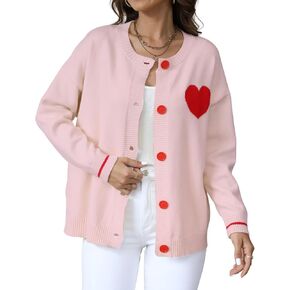 Xunger Women’s Crewneck Cute Heart Sweater Cardigan Loose Fit Color Block Y2K Kawaii Knit Pullover Top