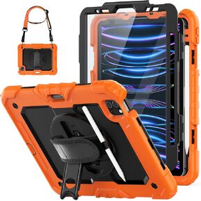 حافظة HXCASEAC لجهاز iPad Pro 11 بوصة (4th/3rd/2nd/1st) مع واقي شاشة/حزام يد دوار/حامل مدمج/حامل قلم، حافظة iPad 11 Pro واقية من 3 طبقات للأطفال 2022/2021/2020/2018، برتقالي