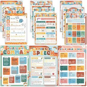 chiazllta 12Pcs Educational English Grammar Poster Classroom Decoration Parts of Speech Chart Posters English Bulletin Board for Teachers Middle High School Decor Supplies Classroom Must Haves(Groovy)