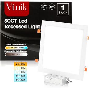 11 inch 24W Dimmable Square LED Can Light Retrofit with Junction Box, 1920lm/CRI85 Ultra Thin LED Downlight 5CCT 2700K-5000K Adjustable with a Simple Switch IC Rated,ETL Listed