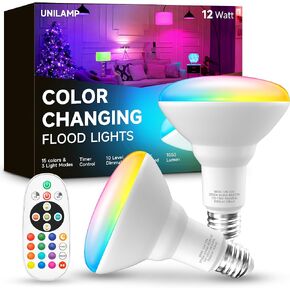 BR30 Color Changing Light Bulb, LED Flood Lights 12W Dimmable, 100W Equivalent, RGB+2700K+4000K+6500K, Remote Control, 1050LM, E26 Multi-Color Can Light Bulbs for Ceiling, 2 Pack