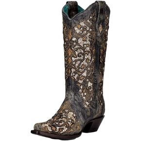 CORRAL LADIE'S BLACK INLAY & STUDS & CRYSTALS, SNIP TOE, LEATHER SOLE, WESTERN, A4231
