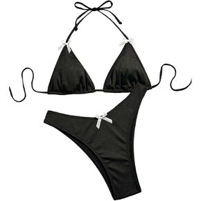 Women's 2 Piece Bikini Set Swimsuit Bow Front Bikini Halter Triangle High Cut Bathing Suit Beachwear