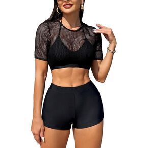 MakeMeChic Women's 2 Piece Bikini Set Sheer Hollow Out Short Sleeve Halter Swimsuit with Boyshorts