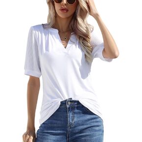 تي شيرت ZHENWEI Wonens كاجوال بياقة على شكل V وأكمام شيفون وأكمام قصيرة وبلوزة تونيك فضفاضة in Kuwait