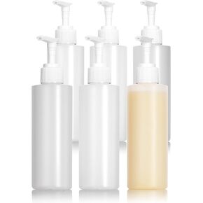 JUVITUS Clear Natural Large Refillable Plastic Squeeze Bottle with White Lotion Pump Dispenser 8 oz - (6 Pack)