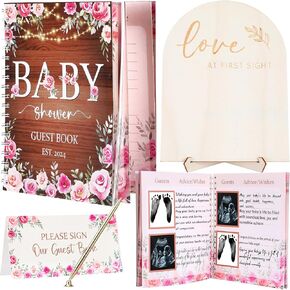 7 Pcs Baby Shower Guest Book Baby Shower Sign in Book Girls and Boys Guestbook with Table Card, Wood Photo Holder and 4 Gold Pen, Alternative Baby Shower Gender Reveal Party Gift Decorations