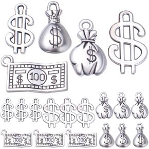 50pcs Antique Silver Dollar Sign Charms Tibetan Alloy Money Bag Pendants 100 Dollars Bill Charms for DIY Bracelets Necklace Jewelry Making Handmade Decoration, 5 Styles