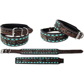 CHALLENGER Amish 100% Cow Leather Padded Tooled Turquoise Brown Dog Collar Turquoise 60FK21
