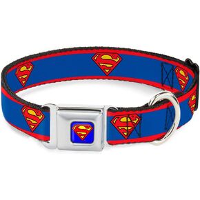 Buckle-Down Seatbelt Buckle Dog Collar - Superman Shield/Stripe Red/Blue - 1" Wide - Fits 15-26" Neck - Large