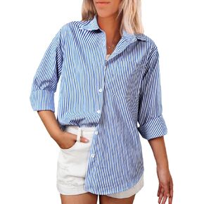 Women's Striped Long Sleeve Button Down Shirts V Neck Casual Tops Classic Office Work Blouses with Pocket