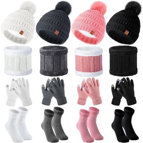4 Sets Women Winter Warm Set Knit Beanie Hat with Pom Lining Fleece Scarf Knit Winter Gloves for Women Girls