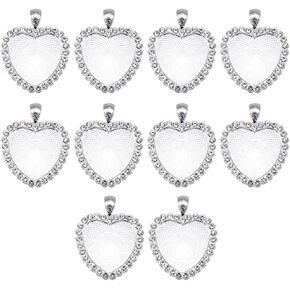 Teensery 10 Pcs Heart Shaped Pendant Trays Rhinestone Bezel Cabochon Pendant Trays Blank Pendant Charm Settings for DIY Jewelry Making (Silver)