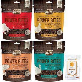 Aurora Pet Variety Pack (4) Power Bites Grain Free Dog Treats [Chicken, Beef, Turducken, Salmon] 6-oz Each with AuroraPet Wipes