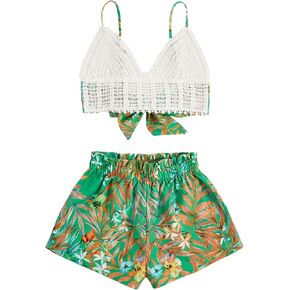 Verdusa Women's 2 Piece Outfit Floral Print Tie Back Crochet Cami Top and Shorts Sets