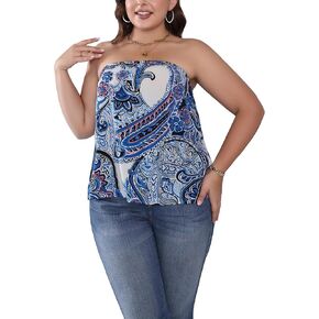 SweatyRocks Women's Plus Size Summer Strapless Tank Top Boho Paisley Print Flare Hem Tube Tops