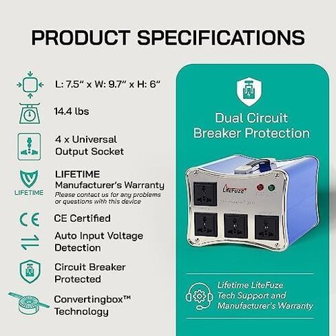 LiteFuze 2000W Voltage Converter Step-up/Down Auto Power Transformer - 110/120v to 220/240v - Heavy Duty – Circuit Breaker Protection – Converting Box Technology - Black in Saudi Arabia
