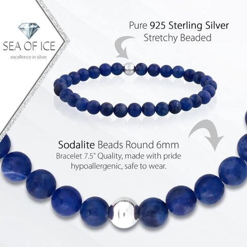 Sea of Ice Precious Gemstone 6mm Round Beads with Sterling Silver Stretchy Beaded Bracelet 7.5" Unisex in Saudi Arabia