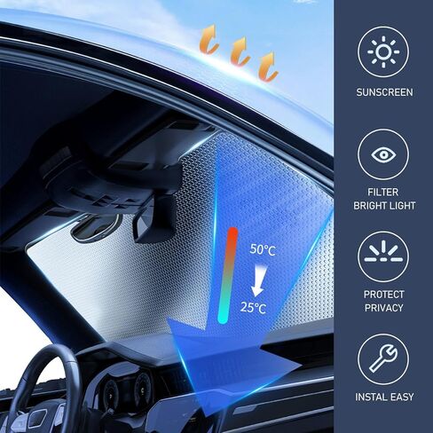 1 PC Car Windshield Sunshade, 55.1 x 27.5 Multi-Layer Thickened Honeycomb Bubble Sunshield, Foldable Double-Sided Cooling Cover with Suction Cup Installation, Universal for Cars SUVs (Silver) in Saudi Arabia