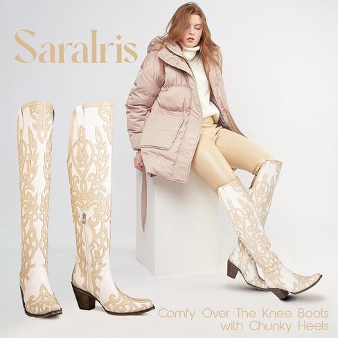 SaraIris المرأة راعية البقر الأحذية حذاء برقبة للركبة أحذية الموضة كعب مكتنز الأحذية المطرزة الأحذية الغربية أحذية رعاة البقر للنساء in Saudi Arabia