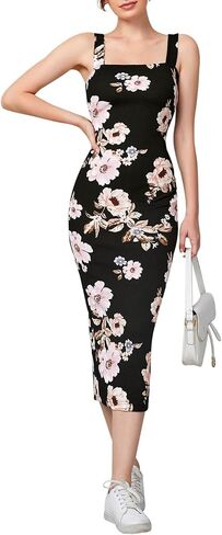 AIMCOO Sleeveless Elegant Floral Bodycon Dress Square Neck Party Cocktail Midi Dress Back Slit Long Dresses for Women 2024 in Saudi Arabia