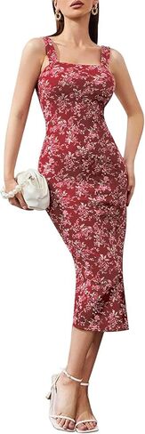 AIMCOO Sleeveless Elegant Floral Bodycon Dress Square Neck Party Cocktail Midi Dress Back Slit Long Dresses for Women 2024 in Saudi Arabia