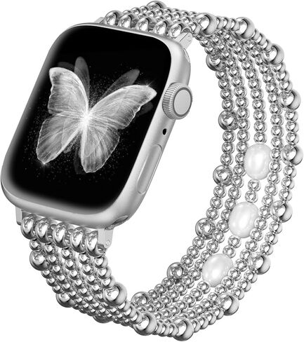 fastgo Gold Beaded Bracelet Band Compatible with Apple Watch Bands 41mm/40mm/38mm/44mm/45mm/42mm/49mm Women, Natural Pearl Gold Beaded Elastic Strap for Iwatch Bands(Gold) in Saudi Arabia