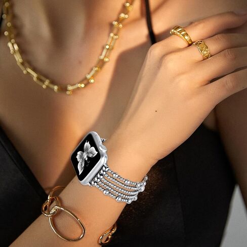 fastgo Gold Beaded Bracelet Band Compatible with Apple Watch Bands 41mm/40mm/38mm/44mm/45mm/42mm/49mm Women, Natural Pearl Gold Beaded Elastic Strap for Iwatch Bands(Gold) in Saudi Arabia
