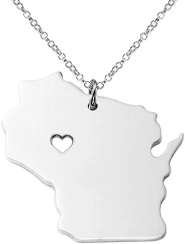 Art Attack Stainless Steel I Love Wisconsin Necklace, Badger Dairyland Cheese State Heart Map Pendant (Silver) in Saudi Arabia