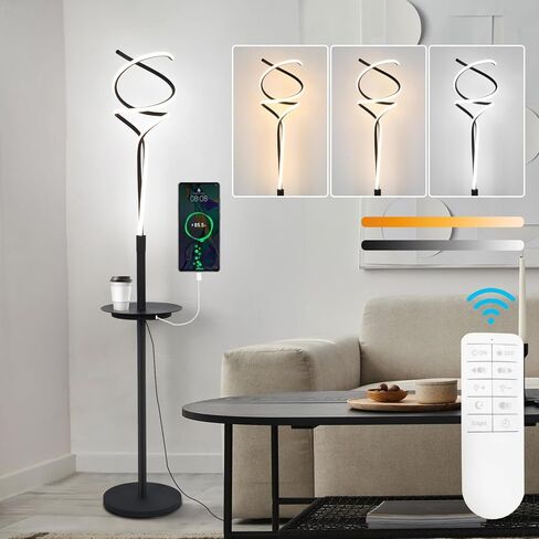 ADISUN Spiral LED Floor Lamp with Table for Bedroom,Modern Floor Lamp for Living Room, Dimmable Black Floor Lamp with USB Charging Port, Tall Floor Lamp with Remote Control for Office,Dining Room in Saudi Arabia