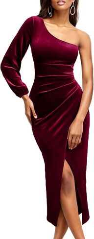 فستان DRESSTELLS نسائي مخملي بكتف واحد، وأكمام طويلة وفتحة ضيقة، فساتين ضيوف حفلات الزفاف 2023 in Kuwait