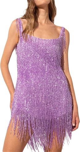 Women Glitter Fringe Hem Mini Dress Tassel Sparkly Sequin Sling Dress Trendy Bodycon Cocktail Solid Dress in Saudi Arabia