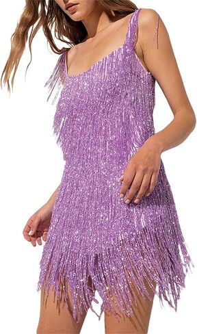 Women Glitter Fringe Hem Mini Dress Tassel Sparkly Sequin Sling Dress Trendy Bodycon Cocktail Solid Dress in Saudi Arabia