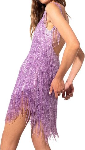 Women Glitter Fringe Hem Mini Dress Tassel Sparkly Sequin Sling Dress Trendy Bodycon Cocktail Solid Dress in Saudi Arabia