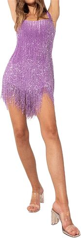 Women Glitter Fringe Hem Mini Dress Tassel Sparkly Sequin Sling Dress Trendy Bodycon Cocktail Solid Dress in Saudi Arabia