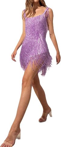 Women Glitter Fringe Hem Mini Dress Tassel Sparkly Sequin Sling Dress Trendy Bodycon Cocktail Solid Dress in Saudi Arabia