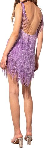 Women Glitter Fringe Hem Mini Dress Tassel Sparkly Sequin Sling Dress Trendy Bodycon Cocktail Solid Dress in Saudi Arabia