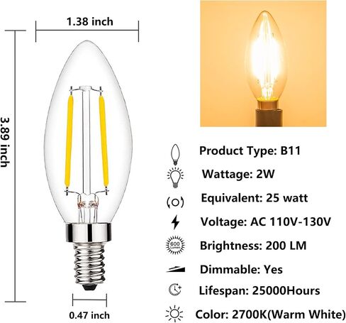 Dimmable T6 LED Bulbs 25W Candelabra Bulbs 3000K Soft White, Clear Vintage 2W E12 LED Filament Edison Chandelier Light Bulbs with Decorative, 12 Pack in Saudi Arabia