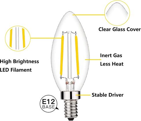 Dimmable T6 LED Bulbs 25W Candelabra Bulbs 3000K Soft White, Clear Vintage 2W E12 LED Filament Edison Chandelier Light Bulbs with Decorative, 12 Pack in Saudi Arabia