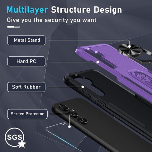 Janmitta Compatible with Samsung Galaxy A36 5G Case with Screen Protector+Camera Lens Protector,Heavy Duty Full Body Phone Cover Built in Ring Holder Kickstand,2025 Black Matte in Saudi Arabia