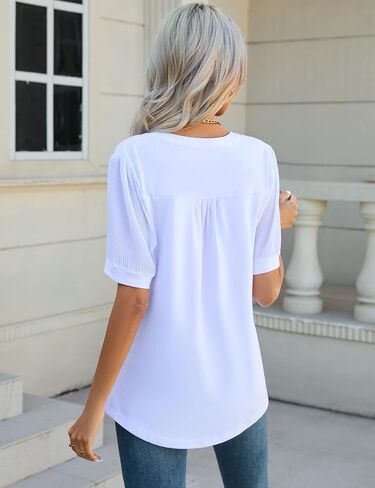 تي شيرت ZHENWEI Wonens كاجوال بياقة على شكل V وأكمام شيفون وأكمام قصيرة وبلوزة تونيك فضفاضة in Kuwait