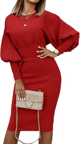 OPOIPIN Women's Lantern Long Sleeve Elastic High Wasit Formal Bodycon Pencil Midi Dress in Kuwait