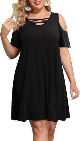 Pinup Fashion Women's Plus Size Sun Dress Cold Shoulder Casual T-Shirt Knee Length Sundresses with Pockets in Kuwait