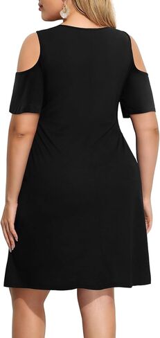 Pinup Fashion Women's Plus Size Sun Dress Cold Shoulder Casual T-Shirt Knee Length Sundresses with Pockets in Kuwait